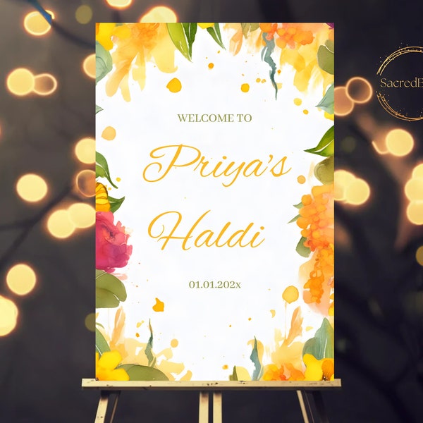 Haldi and Maiyan Ceremony Welcome Sign, Minimalist Design, Yellow Marigold Floral Watercolor Design