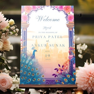 Indian Wedding Sign | Floral Patterns, Majestic Peacocks, Desi Welcome Board, South Indian Decor, Punjabi Signs, Hindu Reception, Mehndi image 3