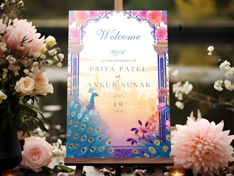 Indian Wedding Sign | Floral Patterns, Majestic Peacocks, Desi Welcome Board, South Indian Decor, Punjabi Signs, Hindu Reception, Mehndi image 3