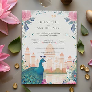 Faire-part de mariage indien animé numérique et imprimable | Tamoul, gujarati, bengali, musulman, hindou, Mendhi E-Invite, paons majestueux, floral