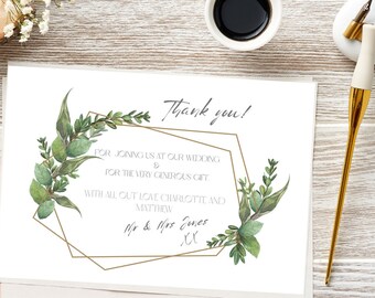 Thank you card |Art Deco inspired Green Leaf with Gold Border | Elegant Printable Design | Downloadable Template Fully customisable.