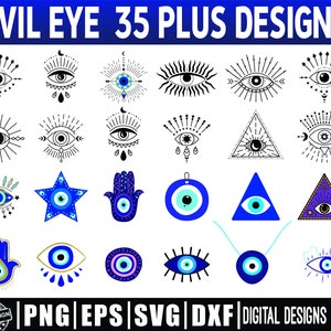 May include: A digital design graphic featuring various evil eye designs in black, blue, and gold. The designs include eye symbols, stars, hands, and triangles. Text at the top reads "EVIL EYE 35 PLUS DESIGNS". Formats include PNG, EPS, SVG, and DXF.