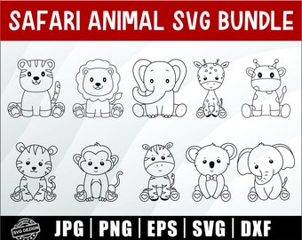 Safari Animals Outline SVG, Cute Africa Jungle Animals, Lion, Tiger, Giraffe, Zebra, Monkey, Elephant, Savanna Kids Baby, Printable, Cricut