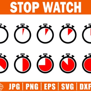 May include: A graphic of ten stopwatches in various stages of time. The stopwatches are black with a white background and red indicators. The word "STOP WATCH" is in white text on an orange background. File types are listed below.