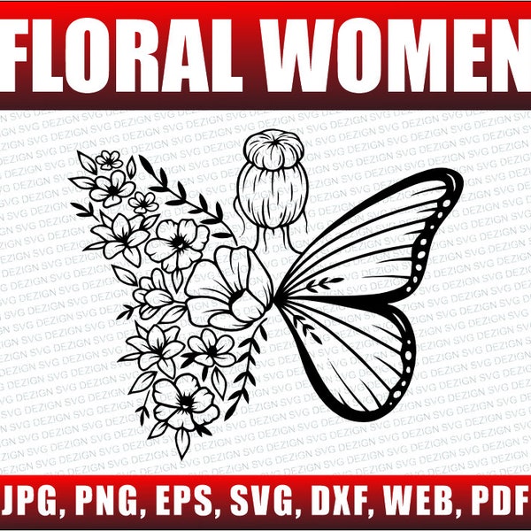 Floral Women Svg, Girl Butterfly Fairy, Floral Butterfly Svg, Flower Butterfly Wings, Jpg, Png, Eps, Svg, Dxf, Web, Pdf, Cricut, Printable