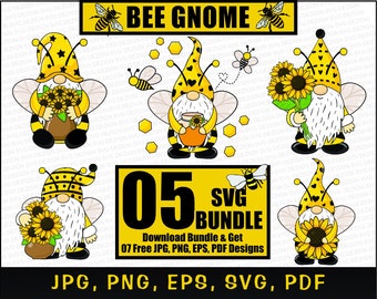 Abeja Gnomo Svg / Primavera Gnomos Cortar Archivos / Verano Gnomos Svg / Miel Clipart / Signo de granja Svg / Girasol Gnomos Svg, Cricut, Imprimible