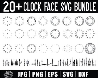 May include: A black and white digital design bundle featuring over twenty clock faces with various styles, including Roman numerals and Arabic numerals. The image also includes clock hands and file format icons.