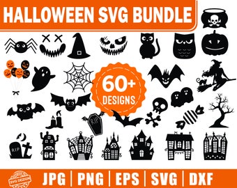 May include: A Halloween SVG bundle graphic with over 60 designs. The image features various spooky illustrations, including bats, ghosts, spiders, pumpkins, and haunted houses. The text "HALLOWEEN SVG BUNDLE" and "60+ DESIGNS" are displayed in orange and white.