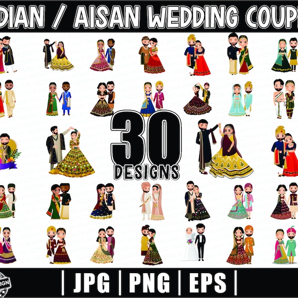 Asian, Indian Wedding Characters for Wedding Invitation| Wedding Couple Svg| Couple Svg Bundle| Anniversary Svg Bundle| Bride and Groom Svg|