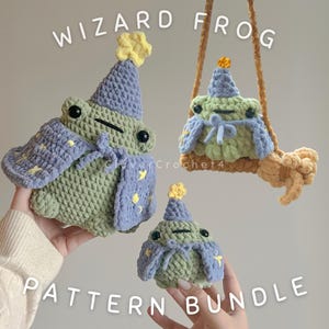 May include: A crochet pattern bundle for making three wizard frog plushies. The frogs are wearing purple and blue hats and robes with yellow stars. The pattern includes instructions for making a frog on a swing.