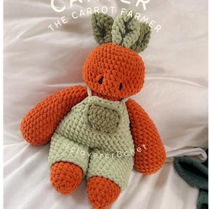 May include: A plush crochet toy shaped like a carrot with a round orange head, green leafy top, and orange arms and legs. The toy wears light green overalls with a small pocket on the chest. Text above reads CARTER THE CARROT FARMER.