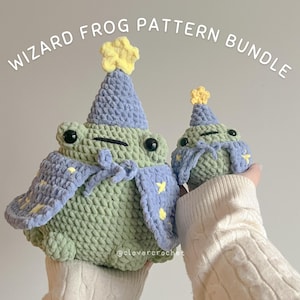 May include: Two crocheted wizard frog plushies, one large and one small, wearing purple and blue hats with yellow stars. The larger frog is wearing a purple and blue cape with yellow stars. The smaller frog is wearing a purple and blue hat with yellow stars. The frogs are both holding a wand. The caption reads "Wizard Frog Pattern Bundle".