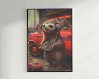 Chilled Out Sloth Vibing in a Cozy Garage Digital Printable Art Design Digital Prints Instant Digital Download, Wall décor!