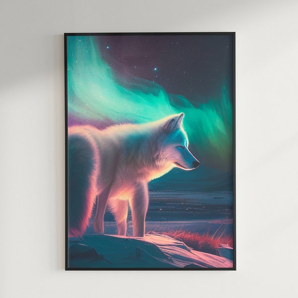 Majestic Wolf under the Northern Lights Tundra Digital Printable Art Design Digital Prints Instant Digital Download, Wall décor!