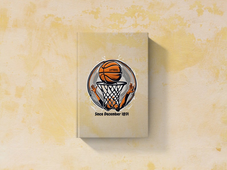 以下が含まれることがあります： バスケットボールがフープを通過し、「Since December 1891」というテキストが書かれた白い本。