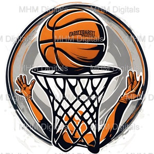 以下が含まれることがあります： バスケットボール選手がバスケットボールをフープにダンクシュートしている。バスケットボールはオレンジ色で、黒いステッチが施され、「FAROTEUARET WHAT A DEW」という文字が書かれている。フープの下には「Since December 1891」という文字が書かれている。