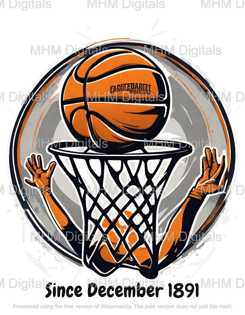 以下が含まれることがあります： バスケットボール選手がバスケットボールをフープにダンクシュートしている。バスケットボールはオレンジ色で、黒いステッチが施され、「FAROTEUARET WHAT A DEW」という文字が書かれている。フープの下には「Since December 1891」という文字が書かれている。