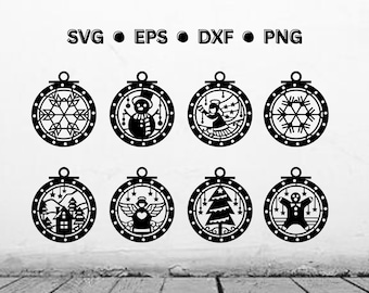 May include: Eight black and white Christmas ornament designs. The ornaments feature a snowman, angel, snowflake, gingerbread man, Christmas tree, house, and two angels. SVG, EPS, DXF, and PNG file formats are listed at the top of the image.