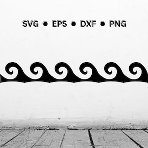 Puede incluir: Silueta en blanco y negro de un diseño de onda estilizado. El diseño de onda se repite cinco veces.