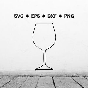 May include: Line drawing of a wine glass. The glass has a wide bowl and a long stem.