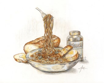 Original colored pencil kitchen wall art / Italian food lovers gift / spaghetti pasta dish artwork / spaghetti bowl kitchen decor