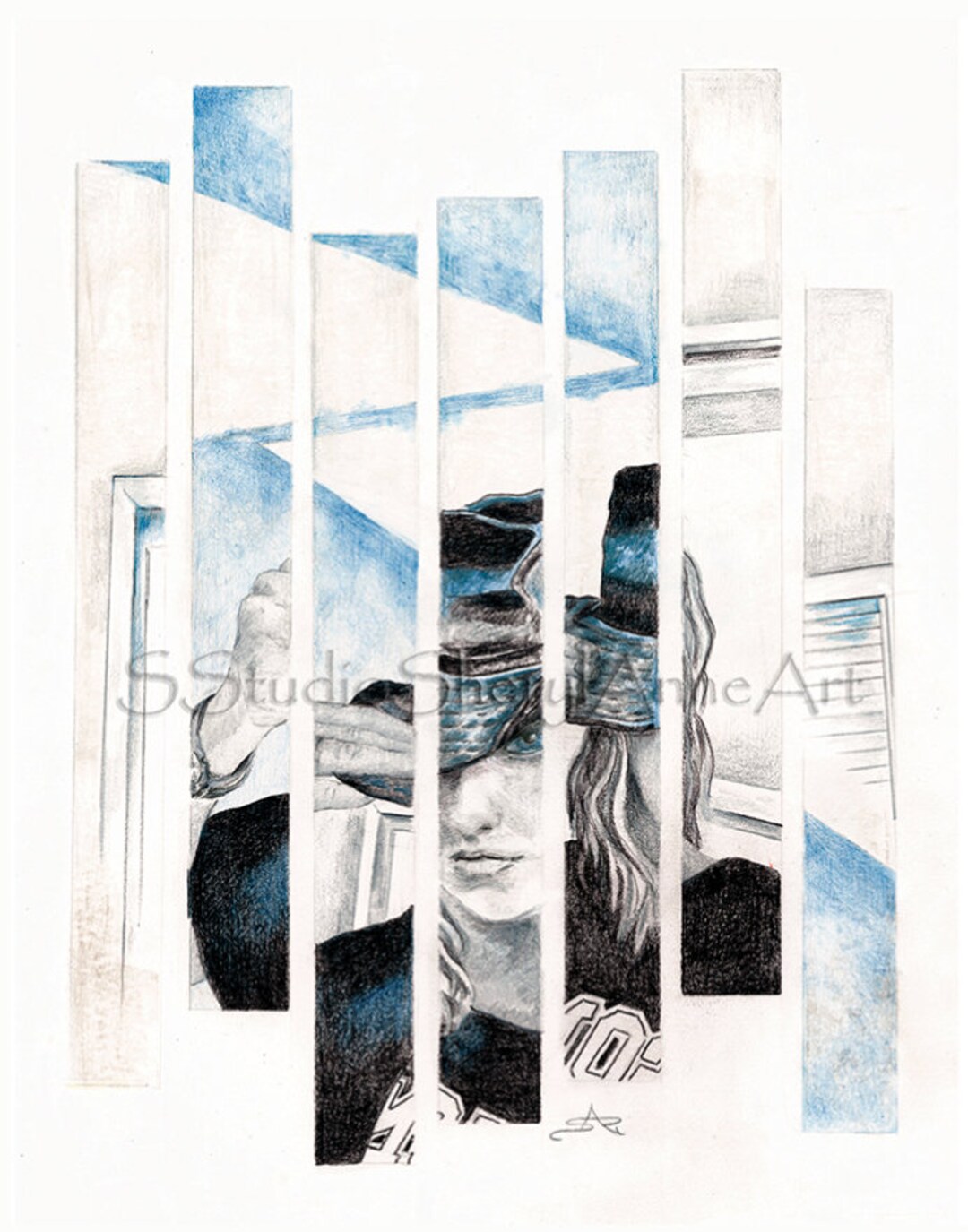 Colored Pencil Drawing of Girl With Hat / Modern Artwork With Girl