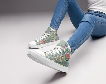 Alice in Wonderland Hi Top Sneakers, Floral Drink Me High Top Shoes, Women’s Canvas Shoes, Book Reader Gift