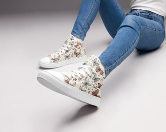 Women&#39;s Hi Top Butterfly Shoes, Butterflies Footwear, Boho Hi Top Canvas Sneakers, Cute Ladies High Top Summer Shoes, Gift for Her