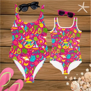 Cute and Fun Summer Mommy and Me One Piece Matching Swimsuit, Mother Daughter Swimwear, Travel Vacation Swimming Gift