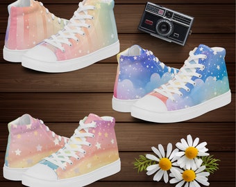 Pastel Rainbows and Stars Hi Top Sneakers, Cute Celestial Women's Lace-Up Canvas High Top Shoes, Gift for Her