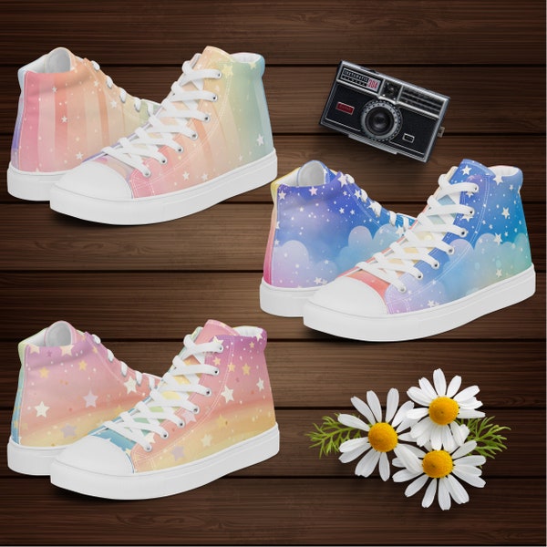 Pastel Rainbows and Stars Hi Top Sneakers, Cute Celestial Women's Lace-Up Canvas High Top Shoes, Gift for Her