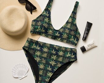Cannabis High Waisted Bikini, Marijuana Leaf Two Piece Bathing Suit, Weed String Bikini, Travel vacation Swimwear Gift