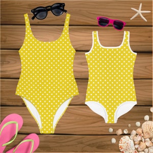 Cute Yellow Polka Dot Mommy and Me One Piece Matching Swimsuit, Mother Daughter Swimwear, Travel Vacation Swimming Gift