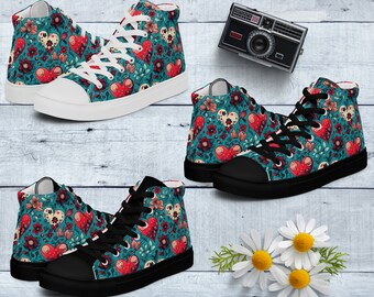 Cute Floral Hearts Hi Top Sneakers, Whimsical Women&#39;s High Top Canvas Shoes, Retro Casual Fashion Sneakers, Gift for Her