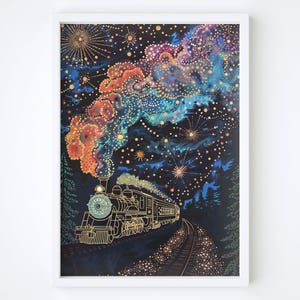 Arte mural de locomotora de vapor, impresión digital de tren vintage, póster de tren nocturno, decoración ferroviaria, arte mural de tren nocturno estrellado, arte para sala de estar