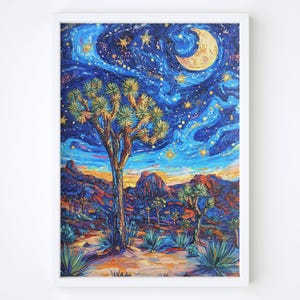 Arte mural de árbol de Josué, póster de árbol de Josué de noche estrellada, impresión digital de árbol de Josué con cielo desértico, póster de noche estrellada, arte mural con escenas naturales