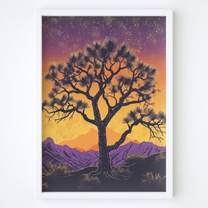 Póster de árbol de Josué con puesta de sol, arte mural de árbol de Josué bajo las estrellas, póster de árbol de Josué con escena desértica, arte mural de árbol de Josué, decoración de pared bohemia