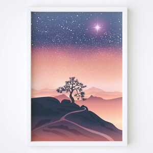 Joshua Tree Poster, Joshua Tree Wandkunst, Sternennacht Wüste Kunstwerk, Joshua Tree Druck, Sonnenuntergang Himmel Poster, Natur Digitale Kunst, Wanddekoration