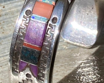 Benny Benally Vintage Sterling Silver Turquoise Coral Chip Cuff Benny Benally Vintage Sterling Silver Turquoise Coral Chip Cuff