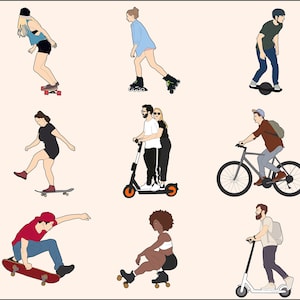 May include: A collection of nine illustrations of people riding different modes of transportation. The illustrations include a person on a skateboard, a person on rollerblades, a person on a hoverboard, a person on a scooter, a person on a bicycle, a person on a unicycle, a person on a longboard, a person on a penny board, and a person on a skateboard.