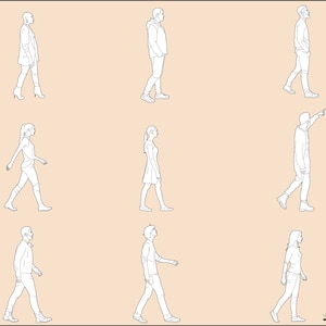 Puede incluir: Un conjunto de nueve dibujos lineales de personas caminando en diferentes poses. Los dibujos son en blanco y negro y están sobre un fondo marrón claro.