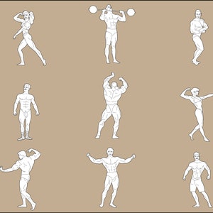May include: A set of eight black and white line drawings of people in various poses, all depicting different bodybuilding poses.