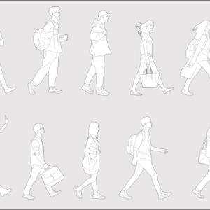 May include: Line drawing illustration of nine people walking in different directions. Each person is wearing casual clothing and carrying a bag or other item. The illustration is in black and white.