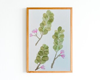 Original, Hand-painted watercolor green leaf and pink flower painting