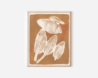 Tan Lamb's Ear Botanical Art Print – Sienna Gel Plate Texture Leaf Imprint