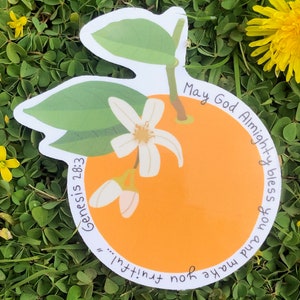 May God Bless You Sticker, Genesis 28:3, Christian, Positive, Inspirational, Water Resistant, Hand Drawn, Vibrant Pastel, Orange, Blossom