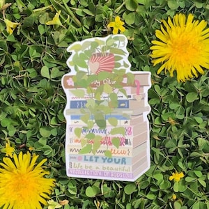 Let Your Life Be A Beautiful Recollection Sticker, Positive, Long Plant, Water Resistant, Drawn, Pastel, Beautiful, Decal, Stack of Books