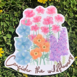 Overweeg de sticker wilde bloemen, Lucas 12:27, christelijk, positief, inspirerend, waterbestendig sticker, handgetekende, levendige pastel