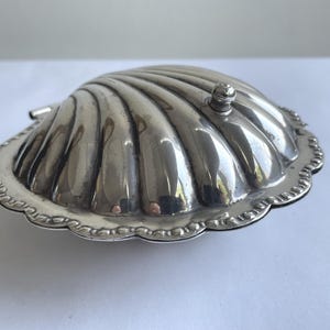 Könnte beinhalten: Eine silberfarbene Schmuckdose in Form einer Jakobsmuschel. Der Deckel hat ein geripptes, fächerartiges Design mit einem kleinen kugelförmigen Knauf an der Oberseite. Die Ränder der Muschel sind mit einem dekorativen Perlenrand versehen.