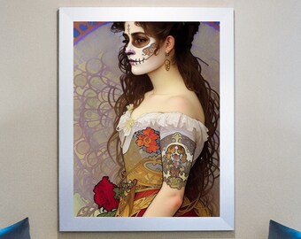 Dia de los Muertos Traditional Girl Digital Print - Vibrant Sugar Skull Wall Art